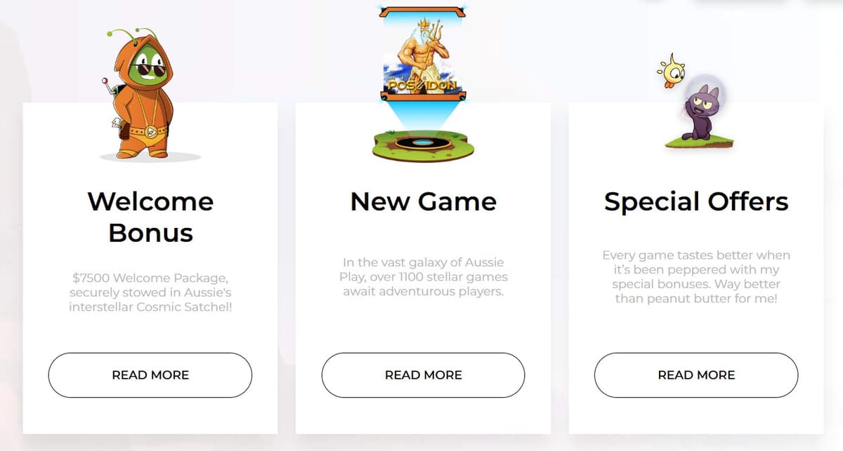 Aussie Play welcome bonus, new game promotions and special offers cards